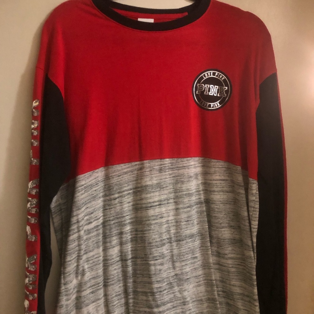 Victoria’s Secret PINK Bling Varsity Crew Campus T Red Grey and Black Colorblock
